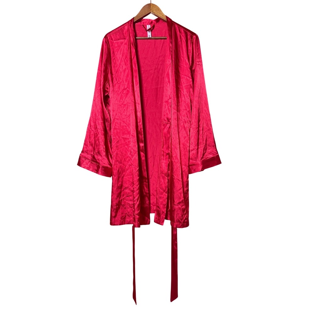 Gillian & O'malley Women L/XL Open Front Long Sleeve Red Satin Robe Kimono Relax